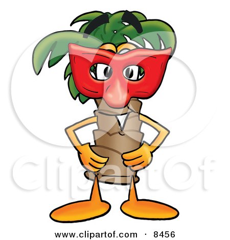 Clipart Picture of a Palm Tree Mascot Cartoon Character Wearing a Red Mask Over His Face by Mascot Junction