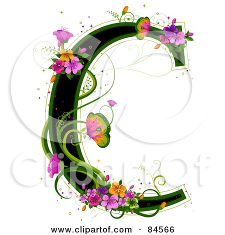 Royalty-Free (RF) Clipart Illustration of a Black Capital Letter C Outlined In Green, With Colorful Flowers And Butterflies by BNP Design Studio