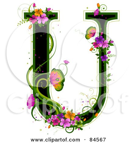 Royalty-Free (RF) Clipart Illustration of a Black Capital Letter U Outlined In Green, With Colorful Flowers And Butterflies by BNP Design Studio
