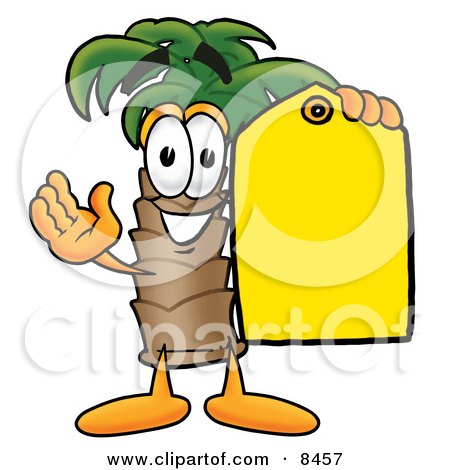 Clipart Picture of a Palm Tree Mascot Cartoon Character Holding a Yellow Sales Price Tag by Mascot Junction