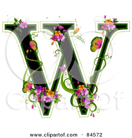 Royalty-Free (RF) Clipart Illustration of a Black Capital Letter W Outlined In Green, With Colorful Flowers And Butterflies by BNP Design Studio