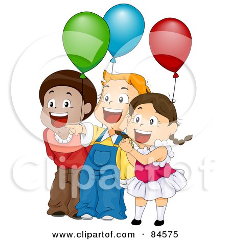 Royalty-Free (RF) Clipart Illustration of Three Happy Children Laughing And Holding Balloons At A Birthday Party by BNP Design Studio