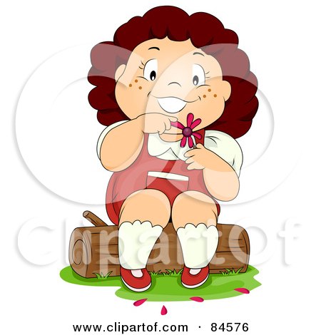 Royalty-Free (RF) Clipart Illustration of a Happy Brunette Girl Sitting On A Stump And Picking Petals Off Of A Flower While Playing He Loves Me, He Loves Me Not by BNP Design Studio
