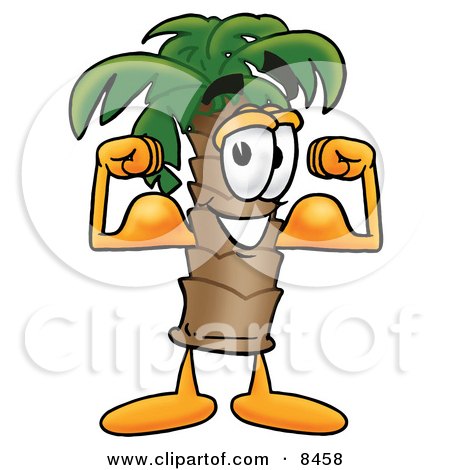 Clipart Picture of a Palm Tree Mascot Cartoon Character Flexing His Arm Muscles by Mascot Junction