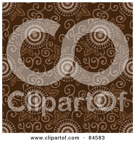 Royalty-Free (RF) Clipart Illustration of a Seamless Repeat Background Of Flower Bursts And Vines On Brown by BestVector