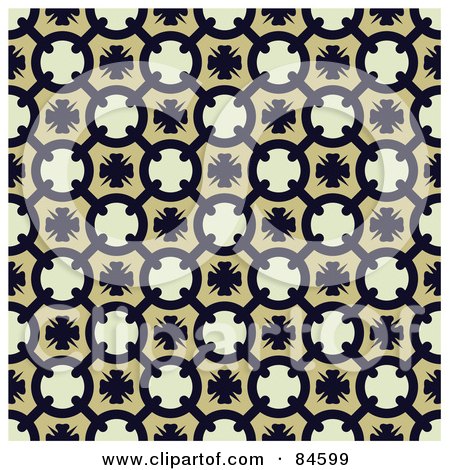 Royalty-Free (RF) Clipart Illustration of a Seamless Repeat Background Of Pastel Yellow Circles And Black Designs On Beige by BestVector