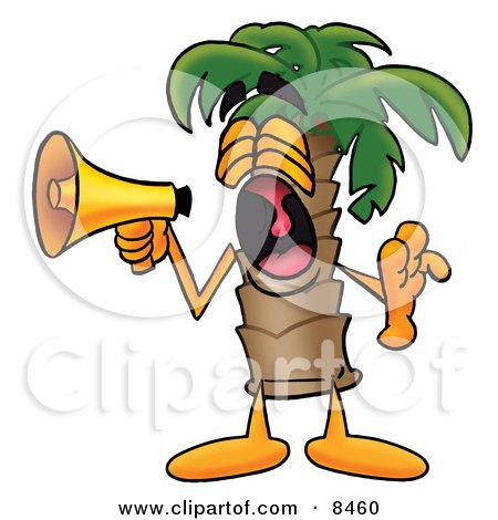 Clipart Picture of a Palm Tree Mascot Cartoon Character Screaming Into a Megaphone by Mascot Junction