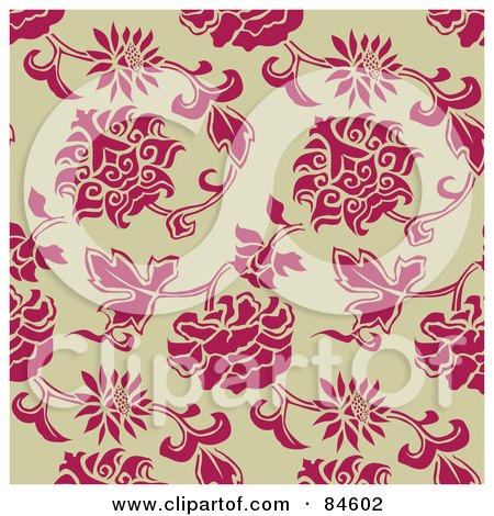 Royalty-Free (RF) Clipart Illustration of a Seamless Repeat Background Of Pink Leaves And Flowers On Beige by BestVector