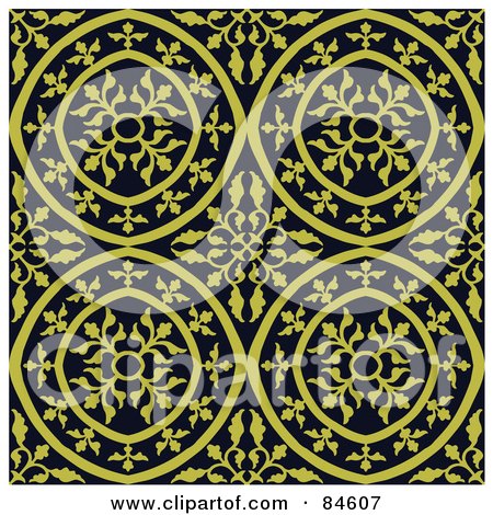 Royalty-Free (RF) Clipart Illustration of a Seamless Repeat Background Of Yellow Floral Circle Designs On Black by BestVector