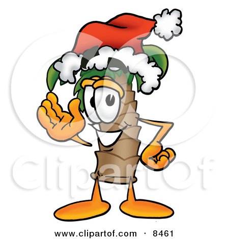 Clipart Picture of a Palm Tree Mascot Cartoon Character Wearing a Santa Hat and Waving by Mascot Junction