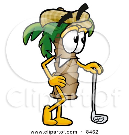 Clipart Picture of a Palm Tree Mascot Cartoon Character Leaning on a Golf Club While Golfing by Mascot Junction