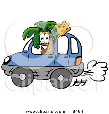 Clipart Picture of a Palm Tree Mascot Cartoon Character Driving a Blue Car and Waving by Mascot Junction
