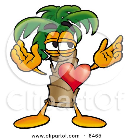 Clipart Picture of a Palm Tree Mascot Cartoon Character With His Heart Beating Out of His Chest by Mascot Junction