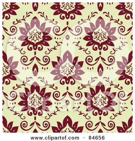 Royalty-Free (RF) Clipart Illustration of a Seamless Repeat Background Of Maroon Flowers And Vines On Beige by BestVector
