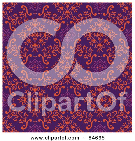 Royalty-Free (RF) Clipart Illustration of a Seamless Repeat Background Of Orange Floral Diamonds And Leaves On Purple by BestVector