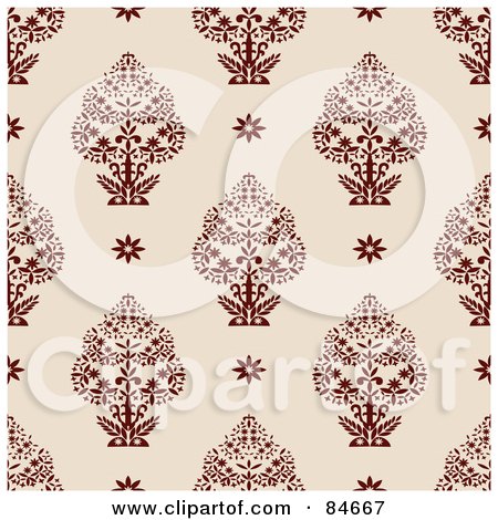 Royalty-Free (RF) Clipart Illustration of a Seamless Repeat Background Of Red Trees And Flowers On Beige by BestVector