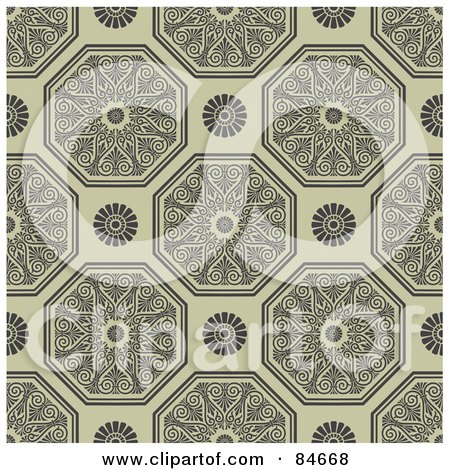 Royalty-Free (RF) Clipart Illustration of a Seamless Repeat Background Of Gray Floral Hexagons And Flowers On Tan by BestVector
