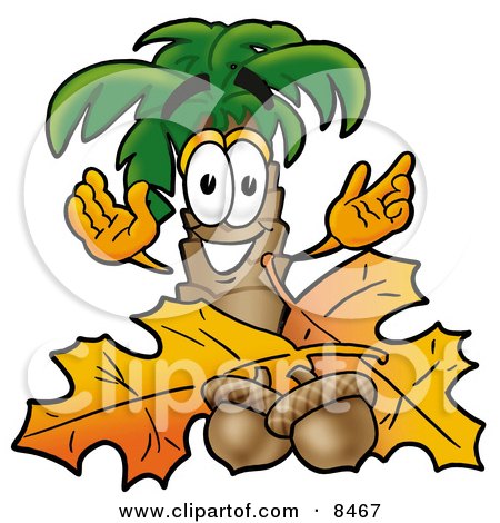Clipart Picture of a Palm Tree Mascot Cartoon Character With Autumn Leaves and Acorns in the Fall by Mascot Junction