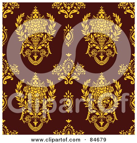 Royalty-Free (RF) Clipart Illustration of a Seamless Repeat Background Of Yellow Rose Urns On Maroon by BestVector