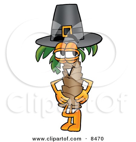 Clipart Picture of a Palm Tree Mascot Cartoon Character Wearing a Pilgrim Hat on Thanksgiving by Mascot Junction