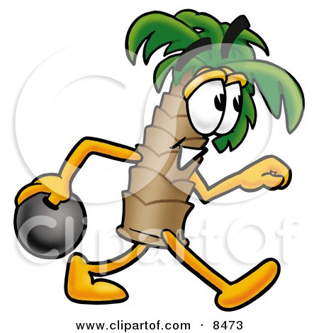 Clipart Picture of a Palm Tree Mascot Cartoon Character Holding a Bowling Ball by Mascot Junction