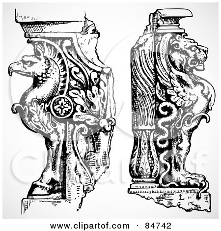 Royalty-Free (RF) Clipart Illustration of a Digital Collage Of Black And White Griffon And Winged Lion End Statues by BestVector