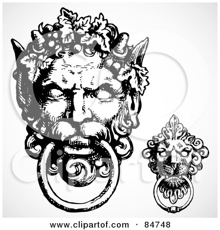 Royalty-Free (RF) Clipart Illustration of a Digital Collage Of Black And White Gargoyle Door Knockers by BestVector