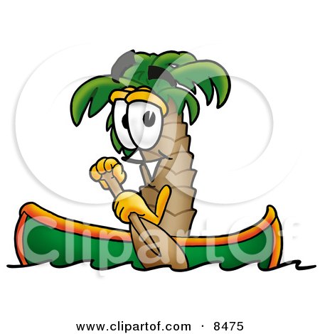 Clipart Picture of a Palm Tree Mascot Cartoon Character Rowing a Boat by Mascot Junction