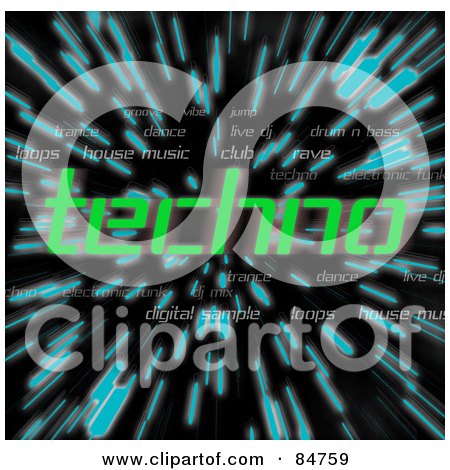Royalty-Free (RF) Clipart Illustration of The Green Word Techno Over Zooming Blue Lines In Hyperspace, On Black by Arena Creative
