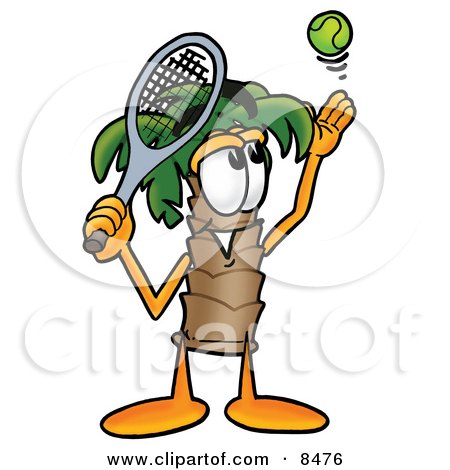 Clipart Picture of a Palm Tree Mascot Cartoon Character Preparing to Hit a Tennis Ball by Mascot Junction