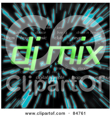 Royalty-Free (RF) Clipart Illustration of The Green Words DJ Mix Over Zooming Blue Lines In Hyperspace, On Black by Arena Creative