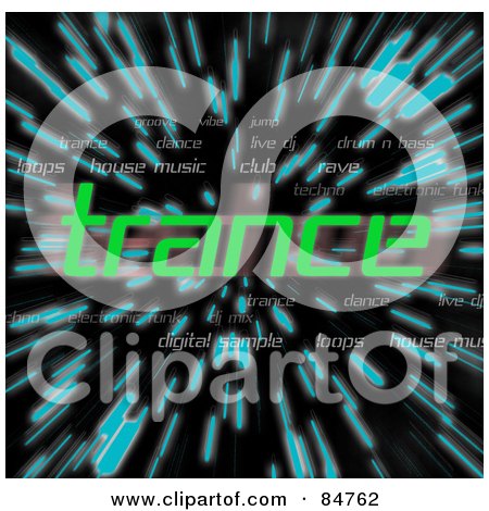 Royalty-Free (RF) Clipart Illustration of The Green Word Trance Over Zooming Blue Lines In Hyperspace, On Black by Arena Creative