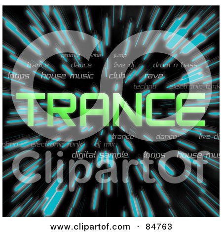 Royalty-Free (RF) Clipart Illustration of a Green Word Trance Over Zooming Blue Lines In Hyperspace, On Black by Arena Creative