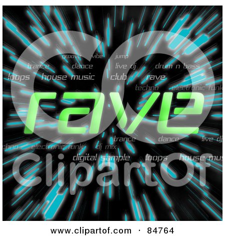 Royalty-Free (RF) Clipart Illustration of The Green Word Rave Over Zooming Blue Lines In Hyperspace, On Black by Arena Creative
