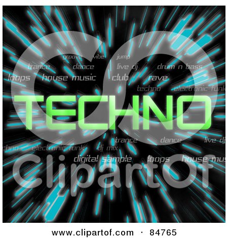 Royalty-Free (RF) Clipart Illustration of a Green Word Techno Over Zooming Blue Lines In Hyperspace, On Black by Arena Creative