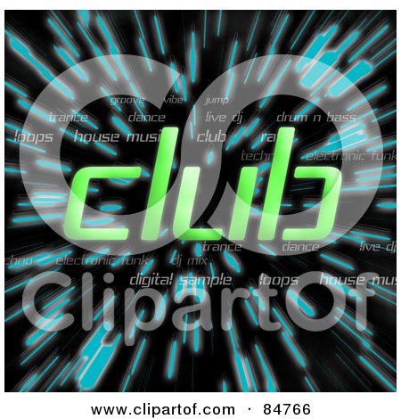 Royalty-Free (RF) Clipart Illustration of The Green Word Club Over Zooming Blue Lines In Hyperspace, On Black by Arena Creative