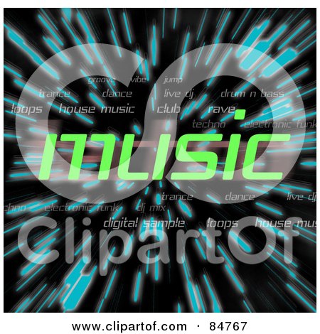 Royalty-Free (RF) Clipart Illustration of The Green Word Music Over Zooming Blue Lines In Hyperspace, On Black by Arena Creative