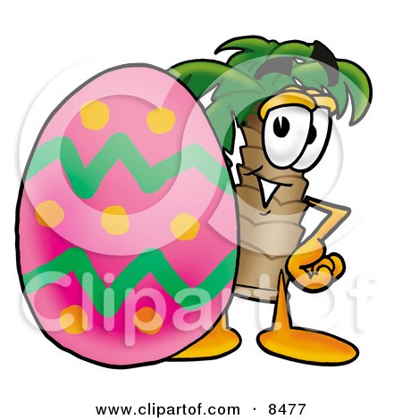 Clipart Picture of a Palm Tree Mascot Cartoon Character Standing Beside an Easter Egg by Mascot Junction