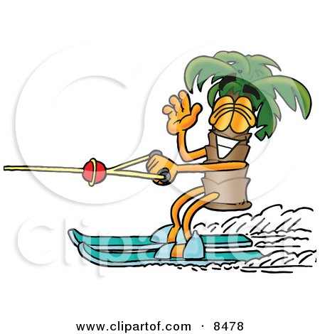 Clipart Picture of a Palm Tree Mascot Cartoon Character Waving While Water Skiing by Mascot Junction