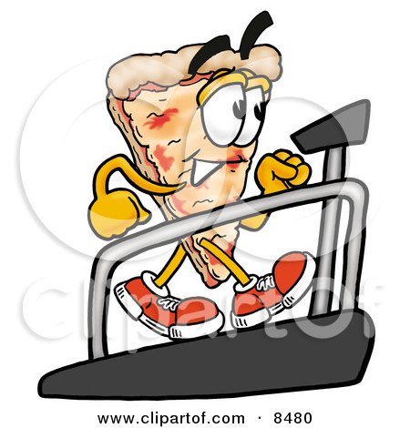 Clipart Picture of a Slice of Pizza Mascot Cartoon Character Walking on a Treadmill in a Fitness Gym by Mascot Junction