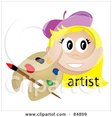 Royalty-Free (RF) Clipart Illustration of a Friendly Blond Female Artist Face With A Paintbrush And Palette by Pams Clipart
