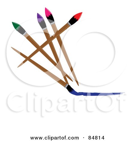 Royalty-Free (RF) Clipart Illustration of Five Colorful Paintbrushes, A Blue One Painting A Line by Pams Clipart