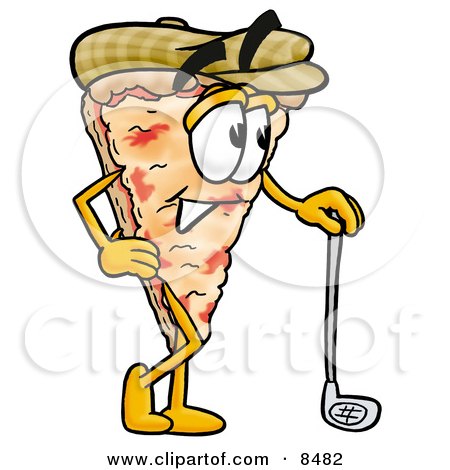 Clipart Picture of a Slice of Pizza Mascot Cartoon Character Leaning on a Golf Club While Golfing by Mascot Junction