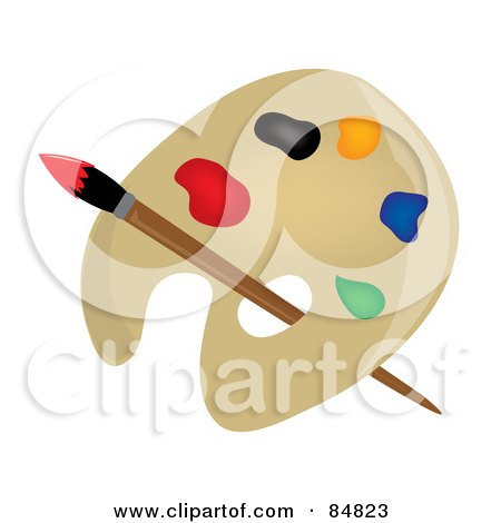 Royalty-Free (RF) Clipart Illustration of an Artist Palette With A Paintbrush And Colorful Paints by Pams Clipart