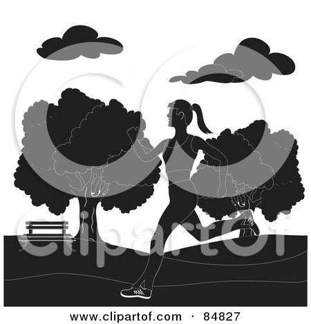 Royalty-Free (RF) Clipart Illustration of a Black And White Healthy Woman Jogging In A Park by Pams Clipart