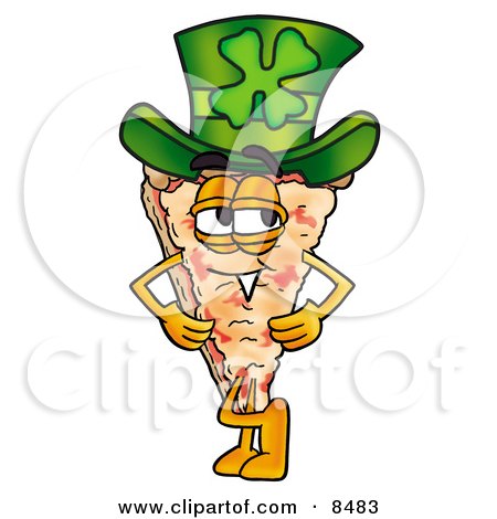Clipart Picture of a Slice of Pizza Mascot Cartoon Character Wearing a Saint Patricks Day Hat With a Clover on it by Mascot Junction