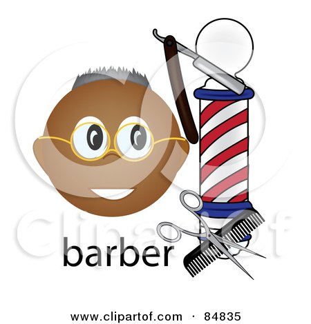 Royalty-Free (RF) Clipart Illustration of a Friendly Black Barber Face By A Pole With Tools And The Word Barber by Pams Clipart