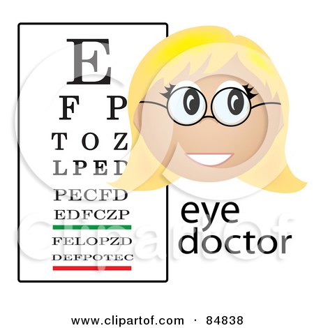 Royalty-Free (RF) Clipart Illustration of a Friendly Female Caucasian Eye Doctor With The Word And A Vision Chart by Pams Clipart