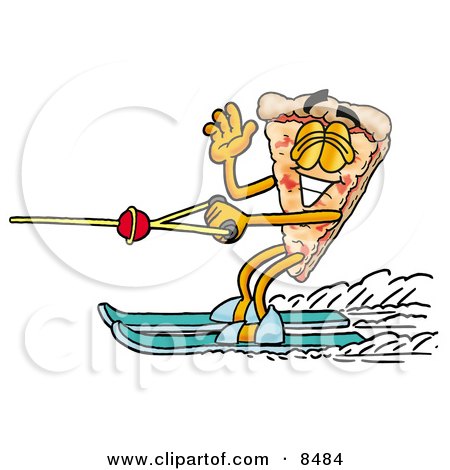 Clipart Picture of a Slice of Pizza Mascot Cartoon Character Waving While Water Skiing by Mascot Junction