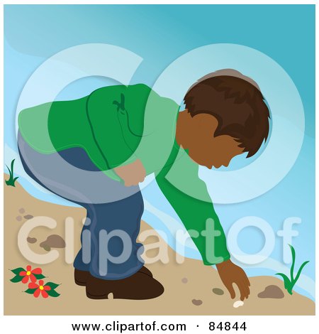 Royalty-Free (RF) Clipart Illustration of a Indian Boy On A Beach, Bending Over To Pick Up A Shell by Pams Clipart